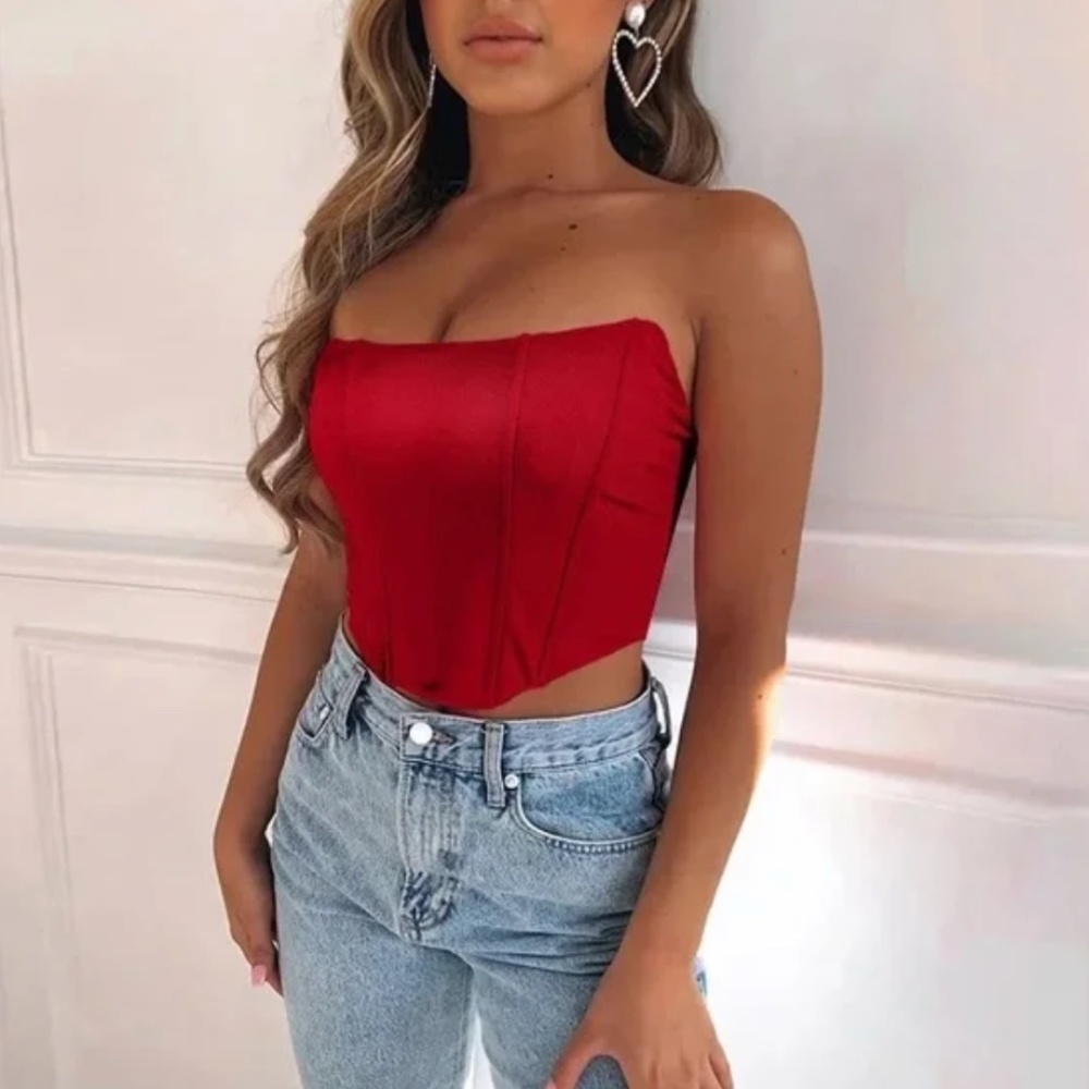 Red Medium Strapless Bustier Crop Top